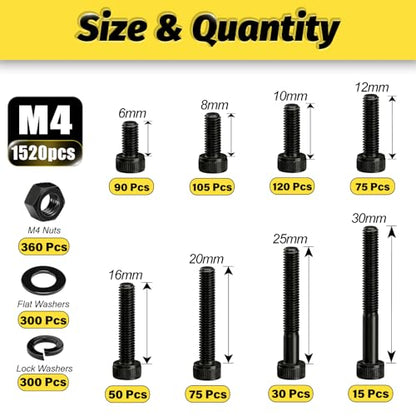 Kadrick M4 Screws Kit 1520PCS, M4x6MM-25MM Bolts with Nuts,Washers & Hex Wrench, Optimized Size Distribution, Class 12.9 Socket Head Cap M4 Screws, Black Zinc Plated, for Mechanical, Repair & DIY - size: M4 1520Pcs New