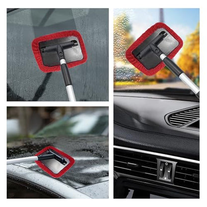 Car Windshield Cleaner Tool, Detachable Car Window Cleaner with Aluminum Extendable Handle & 2 Reusable Cloth Pads, Washable Vehicle Windshield Cleaning Wand for Exterior (Red) - color: Red