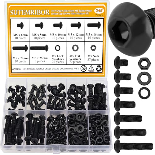 245 Pieces M5 Screws Nuts Washers Set Black, Sutemribor M5 x 6/8/10/12/16/20/25mm Button Head Socket Cap Screws Nuts Washers Assortment Kit, 10.9 Grade Alloy Steel, Fully Threaded - size: M5, style: Button Head Socket Cap