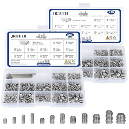 1000pcs Metric + SAE Set Screw Assortment Kit, Internal Hex Drive Cup-Point Allen Screws Set 304 Stainless Steel Grub Screw (M3-M8, 1/8""-40 to 5/16""-18) - color: Silver Set Screws 1000PCS