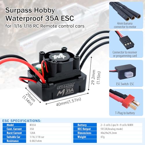 Surpass Hobby RC Brushless Motor ESC Combo Waterproof 2430 5800KV Brushless Motor and 35A ESC Combo Set for 1/16 1/18 Remote Control Cars Trucks Off-Road Vehicle - size: 5800kv, style: 2430 Motor+35A ESC
