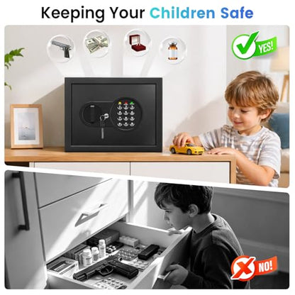 9.84'' Tall Small Safe Box, Home Safes with Removable Shelf | Fireproof Bag, Keys & Pass Code,Mini Fireproof Security Safe with Smart Alert and Wall Mount Kits for Money,Jewelry,Documents - size: 0.9 Cubic Feet