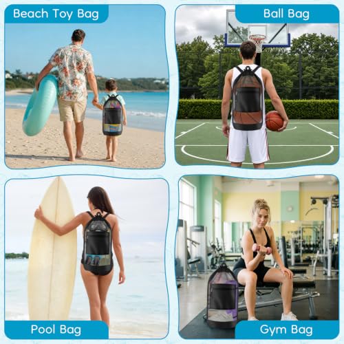 BROTOU Beach Mesh Backpack with Double Shoulder Strap | Swim Pool Toys Balls Storage Bags Gym backpack, Beach Toy Shells Organizer - color: Black backpack-L