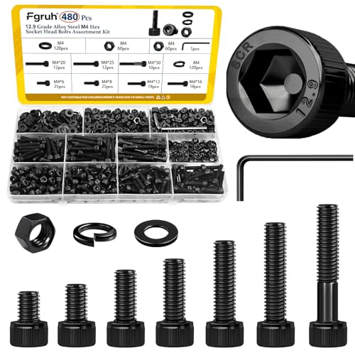 480PCS M4 Screws Assortment Kit, M4x6/8/12/16/20/30 mm Hex Socket Head Cap Bolts, Nuts & Washers Set, 12.9 Grade Alloy Steel Black Zinc Plated M4 Screw Assorted Kit for 3D Printer, DIY, Repairs - size: M4 480pcs