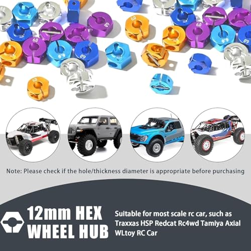 Aluminum 12mm Hex Wheel Hub 4Pcs w/Axle Pin M4 Flange Lock Nut Standard M3 M4 Nut 6mm Thickness Wheel Drive Adapter for 1/10 Traxxas HSP Redcat Rc4wd Tamiya Axial SCX10 WLtoy RC Car(25Pcs) - color: Gold, size: 6.0