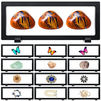 Harloon 12 Pcs 3D Floating Display Case Floating Frame Display Holder Stand Challenge Coin Jewelry Frame Box for AA Medallions Fossil Rock Gemstones Specimen(Black,9.1 x 3.5 x 0.8 Inch,Square Base) - color: Black, size: 9.1 x 3.5 x 0.8 Inch, style: Square