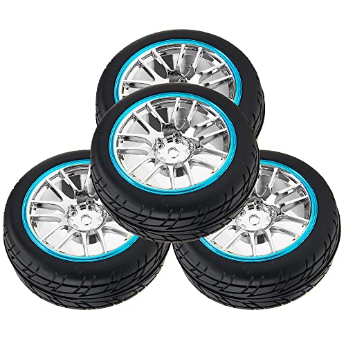 4Pcs 2.59in Rubber Tires & 12mm Hex Plastic Wheel Rims Set 14-Spoke w/Foam Compatible with Traxxas Kyosho HPI Tamiya Associated 1/10 RC On-Road Touring Car (Blue) - color: Blue