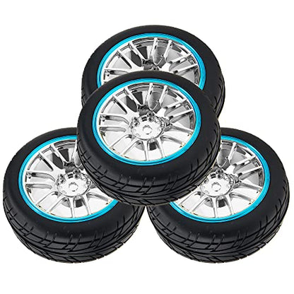 4Pcs 2.59in Rubber Tires & 12mm Hex Plastic Wheel Rims Set 14-Spoke w/Foam Compatible with Traxxas Kyosho HPI Tamiya Associated 1/10 RC On-Road Touring Car (Blue) - color: Blue