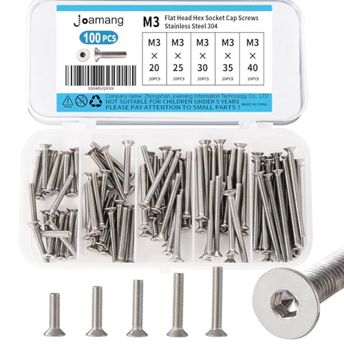 M3 x 20mm 25mm 30mm 35mm 40mm Flat Head Hex Socket Cap Screws Countersunk Bolts, Stainless Steel 304, Metric Allen Hex Drive, Bright Finish, Fully Threaded, Assortment Kit 100PCS - size: M3x20/25/30/35/40 mm