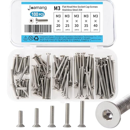 M3 x 20mm 25mm 30mm 35mm 40mm Flat Head Hex Socket Cap Screws Countersunk Bolts, Stainless Steel 304, Metric Allen Hex Drive, Bright Finish, Fully Threaded, Assortment Kit 100PCS - size: M3x20/25/30/35/40 mm