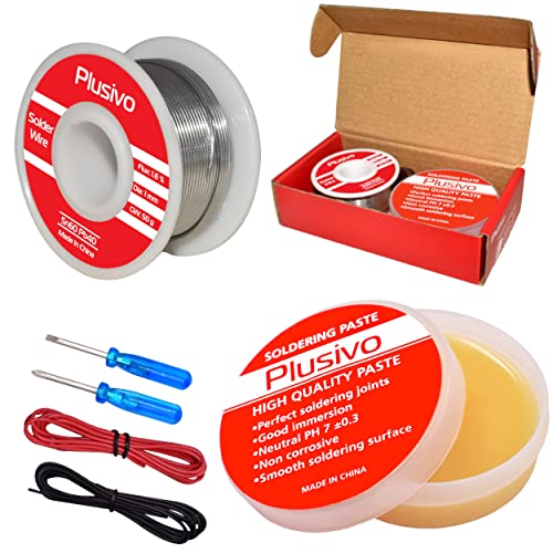 60-40 Tin Lead Rosin Core Solder Wire (1mm, 50g) and Rosin Paste Flux Kit for PCB Electrical Soldering and DIY Electronics Repair Hobby from Plusivo