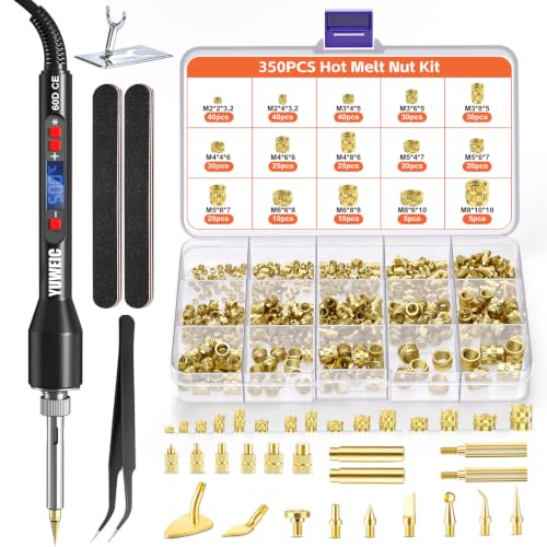 Threaded Inserts Set 350pcs M2-M8 and 9 Repair Tips Digital Soldering Iron | YUWEIC Heat Set Insert 350pcs M2-M8,9 Repair Tips,60w Digital Soldering Iron, 2 Polishing Strip, Tweezers, for 3D Printer - size: M2-M8+350Pcs Heat Inserts