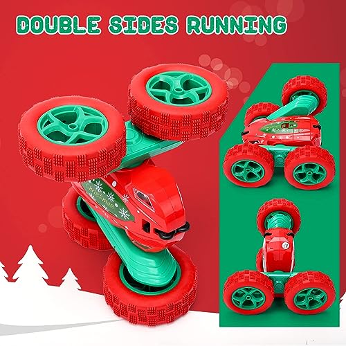 2Pcs Christmas Style RC Stunt Car for Kids,2.4Ghz High Speed Rock Crawler Vehicle,360 Rotating 4WD Off Road Double Sided Rotating Tumbling with 4 Rechargeable Battery，Red+Green