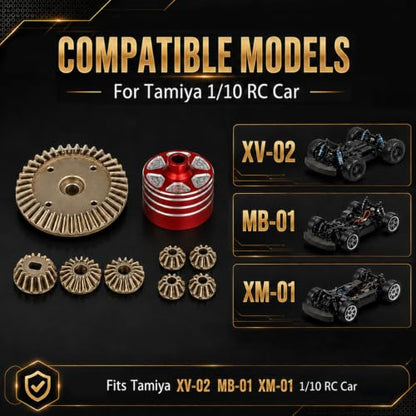 2 Sets Aluminum Differential Case & Gear 39T 22049 for Tamiya XV-02 MB-01 XM01 1/10 RC Car Upgrade Front Rear Gear Diff Replacement Hop-Up Parts, Red - color: Red