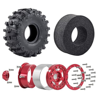 2.2" Beadlock Wheel Rims and Rubber Crawler Tires 150mm (5.91in) for 1/10 RC Crawler SCX10 RBX10 Wraith TRX4 (Red) - color: Red