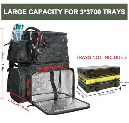 MATEIN Fishing Backpack, Tackle Storage Bag with Rod Holders & Cooler | Water Resistant Fishing Bag Fits 4 3600 Trays, Large Wide Open Tackle Box Backpack, Gifts for Fishermen - color: Camouflage - Large
