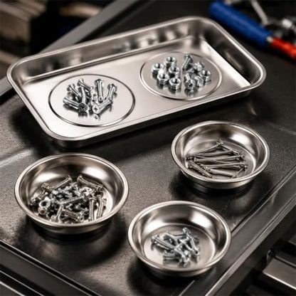 Okllen 6 Pcs Magnetic Parts Tray Set, Stainless Steel Heavy Duty 9.5"W x 5.5''L Square and 4 1/4" Round Extra Strong Magnetic Tool Trays Holder for Socket Screw Nuts Bolts Metal Parts