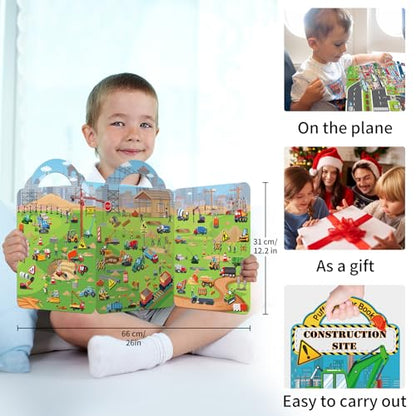 Elfew 2 Pack Puffy Vehicle Sticker Books for Toddlers Ages 2-4 3-5 | Extra-Large Tri-Fold Sticker Book, Construction Truck and Car Theme, Over 100+ Stickers, 3D Reusable, Activity Gifts for Boy - color: Construction and Vehicle