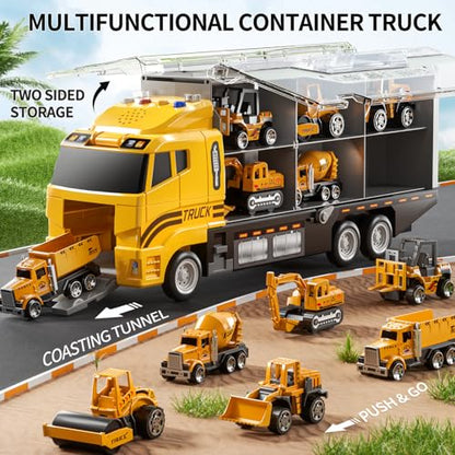 NIPLOOOW Toddler Boys Construction Truck Vehicle Toy Set with Play Mat and Die-Cast Toy Car, Transport Carrier Truck for Kids 3-5, Birthday Gifts Toys for 3-8 Year Old Boys - style: Construction truck