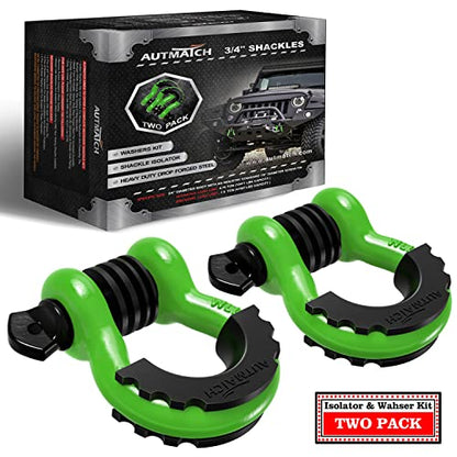 AUTMATCH 3/4" D Ring Shackles (2-Pack) - 41,887 lbs Break Strength | Heavy Duty Clevis Shackle with 7/8" Pin & Isolator Washer Kit for Tow Strap, Winch, Towing & Off-Road Vehicle Recovery, Green - color: Green & Black