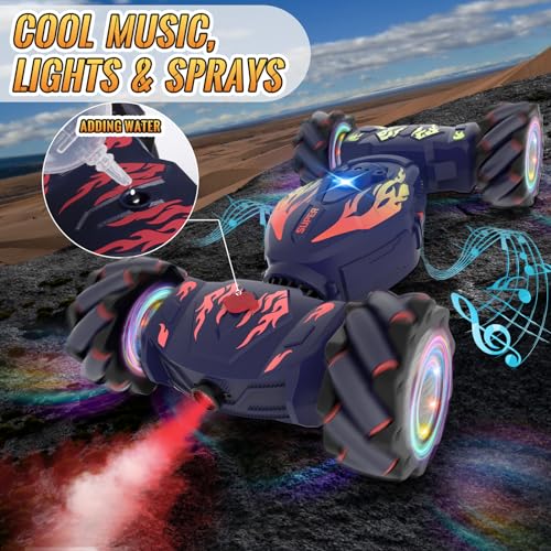 Pristar RC Cars, Gesture Sensing RC Stunt Car Toys for Boys Girls 6-12 | 2.4Ghz 4WD Remote Stunt Car with Spray Lights Music 360°Fast Off-Road Transform, Birthday Xmas Gifts for Kids Age 6-12 - color: Blue-flame