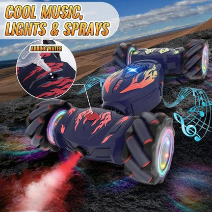 Pristar RC Cars, Gesture Sensing RC Stunt Car Toys for Boys Girls 6-12 | 2.4Ghz 4WD Remote Stunt Car with Spray Lights Music 360°Fast Off-Road Transform, Birthday Xmas Gifts for Kids Age 6-12 - color: Blue-flame