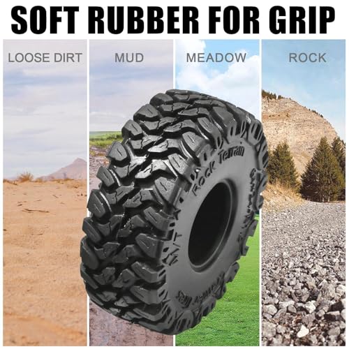 1.0 RC Crawler Tires 64x24mm, 4PCS Soft Sticky Rubber Tires with Foam Inserts for 1/24 1/18 Mini Crawlers, Fits Axial SCX24, Traxxas TRX-4M, FMS FCX24 FCX18, Rock Mud Trail Tire Set
