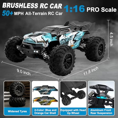1:16 Scale Brushless RC Car - 50+ MPH High Speed All Terrain Off-Road Monster Truck for Adults & Teens 14+ | 2.4GHz, 2X LiPo Batteries, RTR | Hobby Grade Remote Control Vehicle