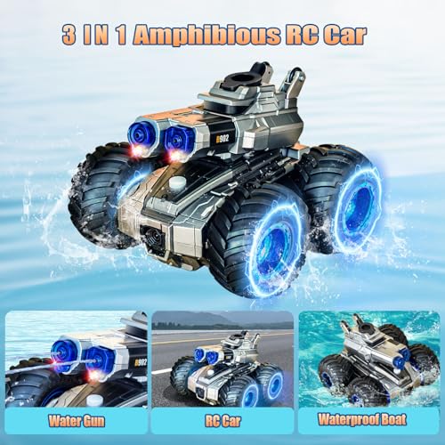 Remote Control Car, Amphibious Monster Truck Toys, RC Boat with Water Gun, Gesture Sensing RC Stunt Car for 120 Mins Play, Remote Control Boat for Kids 6 7 8 9 10 11 12+ Year Birthday