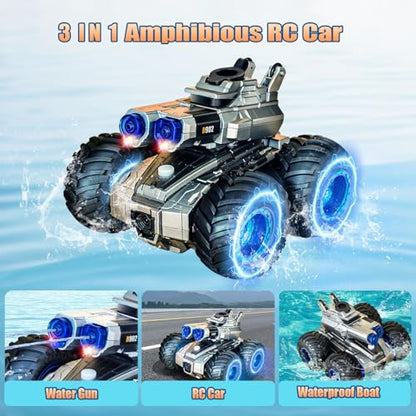 Remote Control Car, Amphibious Monster Truck Toys, RC Boat with Water Gun, Gesture Sensing RC Stunt Car for 120 Mins Play, Remote Control Boat for Kids 6 7 8 9 10 11 12+ Year Birthday