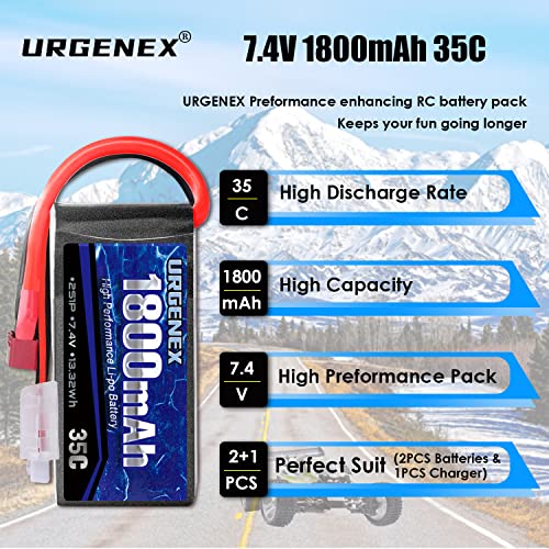 7.4V Lipo Battery 2S 35C 1800mAh Rechargeable RC Battery Pack with Deans T Plug Campatibal with Most 1/10, 1/16 Scale RC Cars Trucks and 7.4V 1to2 USB Lipo Battery Charger