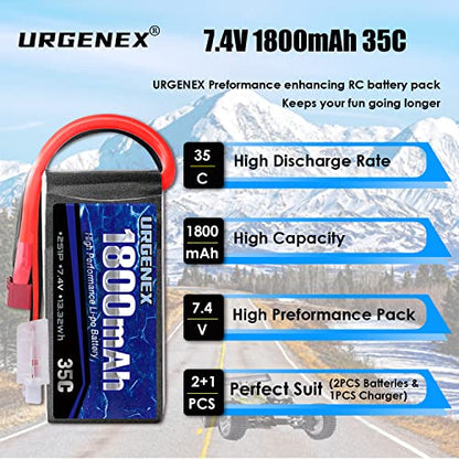 7.4V Lipo Battery 2S 35C 1800mAh Rechargeable RC Battery Pack with Deans T Plug Campatibal with Most 1/10, 1/16 Scale RC Cars Trucks and 7.4V 1to2 USB Lipo Battery Charger