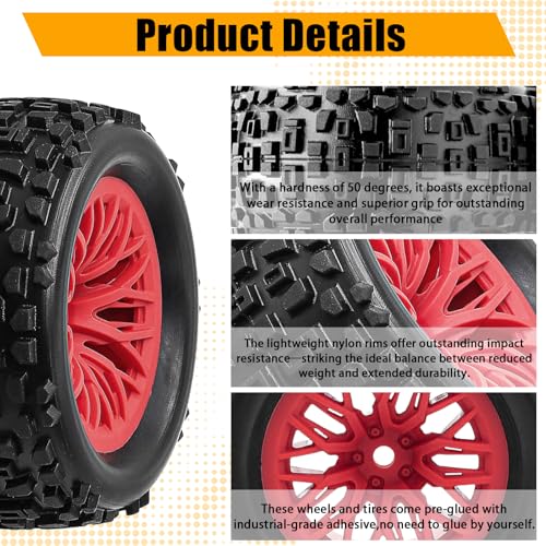Pre-Glued 1/16 & 1/18 RC Monster Truck Tires, Soft Rubber Tire and Nylon Wheels Rims with 12mm hex Compatible with ARRMA 1/18 Granite/Typhon Grom, WLtoys A949, MJX Hyper Go H16 RC Buggy, 4PCS (Red) - color: Red