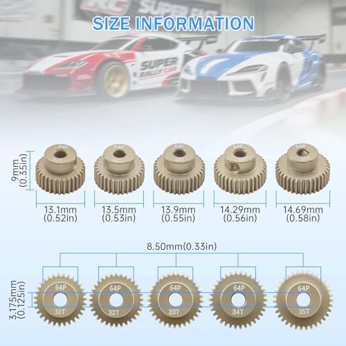 Surpass Hobby 64P Pinion Gear Set 3.175mm Shaft 31T 32T 33T 34T 35T 7075 Aluminum Alloy Motor Gears for 1/10 RC Car (5pcs) - size: 31T 32T 33T 34T 35T