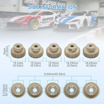 Surpass Hobby 64P Pinion Gear Set 3.175mm Shaft 31T 32T 33T 34T 35T 7075 Aluminum Alloy Motor Gears for 1/10 RC Car (5pcs) - size: 31T 32T 33T 34T 35T