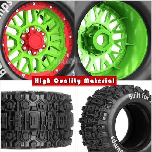 17mm Hex 1/7 1/8 1/10 RC Wheels and Tires for 1/10 Revo/Summit/T-Maxx/E-Revo,1/8 Kraton/Outcast/Fireteam/Notorious 6S,Sledge,1/7 Fireteam 6S,etc RC Monster Truck,(4Pcs) Red Green - color: Red Green - (Rc Truck Tires)