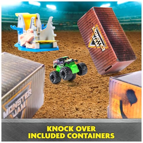 Monster Jam Mini Jams Earthshaker Boneyard Blaster Mega Frenzy Playset | 10 Mini Toy Trucks, Grave Digger, Blue Thunder & More, Hit Targets & Obstacle Courses, Pretend Play Gifts for Kids Ages 3+ - style: Mini Jams 10-Pack Playset