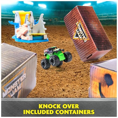 Monster Jam Mini Jams Earthshaker Boneyard Blaster Mega Frenzy Playset | 10 Mini Toy Trucks, Grave Digger, Blue Thunder & More, Hit Targets & Obstacle Courses, Pretend Play Gifts for Kids Ages 3+ - style: Mini Jams 10-Pack Playset
