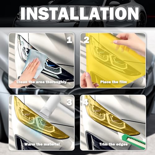 12×47" Car Headlight Tint Film,Cuttable Taillight Tint Film Kit with Squeegee & Cutter,Waterproof Tail Light Tints Films Car Exterior Accessories for Headlights Fog Lights Tail Lights (Yellow) - color: Yellow