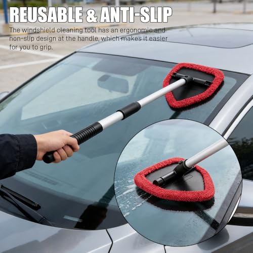 Windshield Cleaner Tool, Windshield Cleaning Tool, Car Window Detailing Cleaning Kit with Extendable Handle and Reusable Microfiber Pads, Auto Glass Wiper Brush for Car Office Home (Red) - color: Red