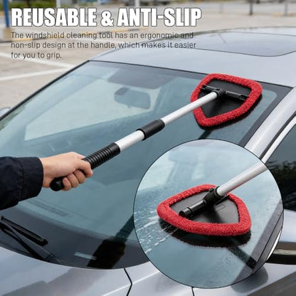 Windshield Cleaner Tool, Windshield Cleaning Tool, Car Window Detailing Cleaning Kit with Extendable Handle and Reusable Microfiber Pads, Auto Glass Wiper Brush for Car Office Home (Red) - color: Red