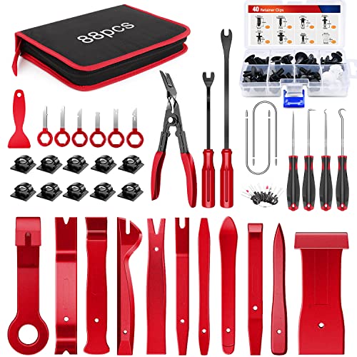 Nilight Trim Removal Tool 88Pcs, Auto Push Pin Bumper Retainer Clip Set | Fastener Terminal Remover Tool Adhesive Cable Clips Kit Car Panel Radio Removal Auto Clip Pliers - color: 88 Clips+ Remover Tools Red