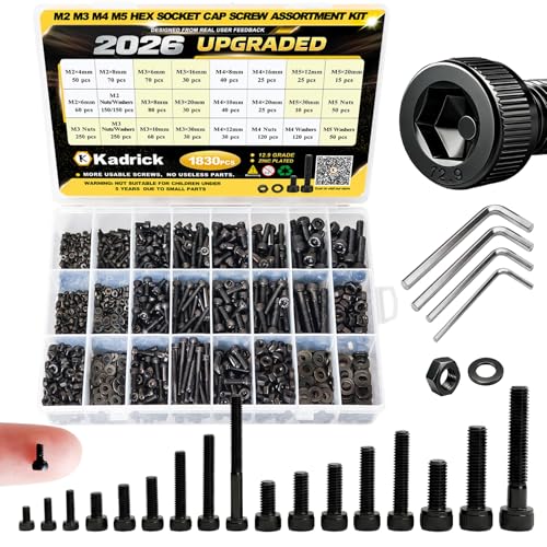 Kadrick M2 M3 M4 M5 Metric Screws Kit 1830PCS, Optimized Assortment with More Screws & Fewer Washers, Class 12.9 Socket Head Cap Screws, Black Zinc Plated Metric Bolt Assortment for 3D Printing & DIY - size: M2-M5 1830Pcs New