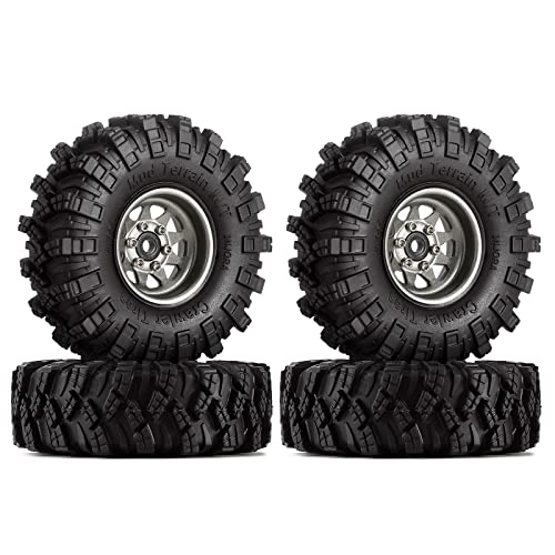 INJORA 1.0 Beadlock Wheel Mud Tires Set Deep Dish 1.0" Wheels Tires for 1/18 TRX4M Axial AX24 SCX24 Gladiator Deadbolt Bronco C10 JLU Upgrade Parts（Grey）