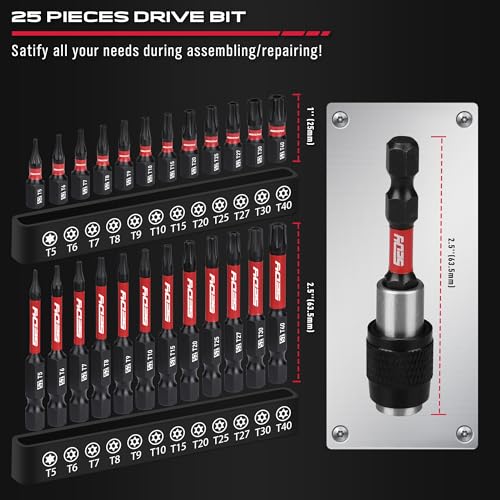 25-Piece Torx Bit Set, 1''&2.5'' Security Tamper Proof Torx Impact Screwdriver Bits, T5-T40 CNC Machined Magnetic Tips, S2 Steel Star Bit, High Torque Strength Precision Tools with Storage Box - style: 25 PCS 1" & 2.5" Torx