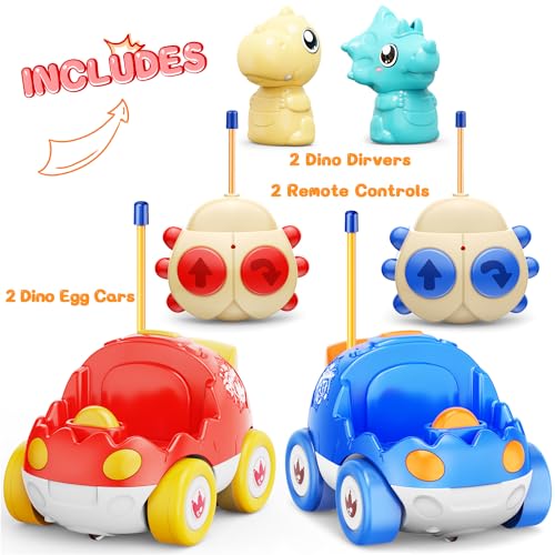 Kidz do 2 Pack Dinosaur Remote Control Cars Toys for Kids 2 3 4 5 Years Old, Christmas Birthday Gifts for Boys and Girls Ages 2-5, Dino Race Car Toddlers Toys with Music and Light(Red Blue) - color: Blue&red