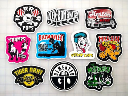 Rockabilly/Psychobilly Sticker Pack (10 Stickers) Set 1 Vintage neobilly horrorpunk Undead Skeleton Devil Ghoul Spooky Macabre Custom Hotrod Cult Garage Revival Psycho Thrash Sticker Decal Pack