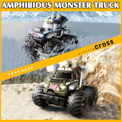 Dual Remote Control RC Car with Magic Gesture Wristband & 40+ Min Play, 1:18 Fully Submersible Waterproof All Terrain 4WD Monster Truck, Amphibious Toy Crawler Gift for Boys Girls Ages 6-12-Green - color: Green 2