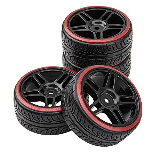 5-Spoke Hard Plastic Wheel Rims & Plastic Tires 12mm Hex for Traxxas HSP Tamiya Kyosho Himoto HPI Redcat 1/10 On-Road RC Drift Drifting Car (Style 2), Black