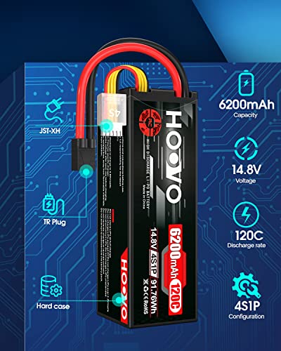 HOOVO 4S Lipo Battery 14.8V 6200mAh 120C RC Car Battery Hard Case TR Plug | 2 Pack Battery compatible for 1/8 and 1/10 Scale RC Car RC Buggy Truggy Truck Slash 4X4 Crawler Monster RC Hobby - style: 4S 6200mAh